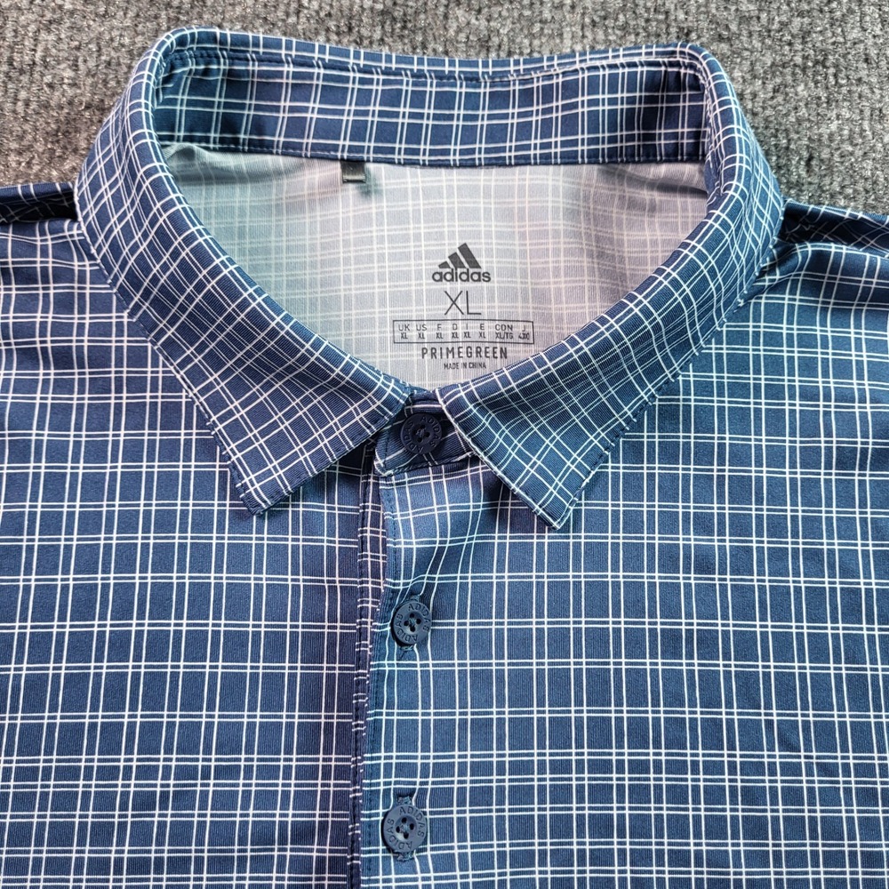 Adidas Mens XL Blue Plaid Primegreen Golf Polo Shirt Short Sleeve